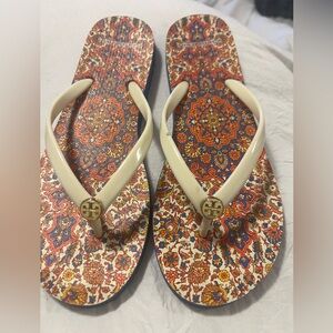 Tory Burch Cream and Red Patterned Sandals